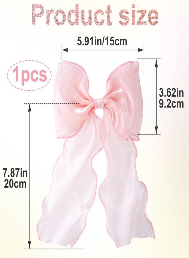 STSTR Large Hair Bow Clips, Pink Silk Yarn Ribbon Bow Hair Barrette for Women, Elegant Long Tail Bowknot French Hair Accessories for Wedding, Parties, Festivals - 1pcs - Image 2